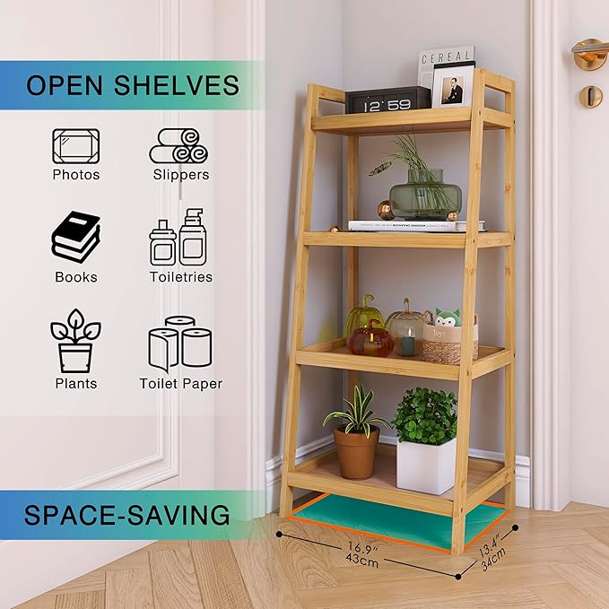SMIBUY Bamboo Ladder Bookcase, Bathroom Storage Rack Organizer, 4 Tier and 5 Tier Freestanding Plant Display Stand Space Saver Shelves for Bedroom, Kitchen, Balcony (Natural, 4 Tiers (39" H))