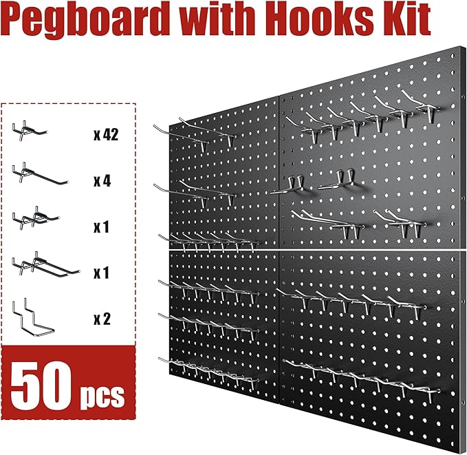 4 Pack Metal Pegboard Panels with 50 Hooks, Black Pegboard Wall Organizer, Pegboard Accessories, Heavy Duty Garage Tool Storage System for Workbench, Workshop, Office, Craft Room