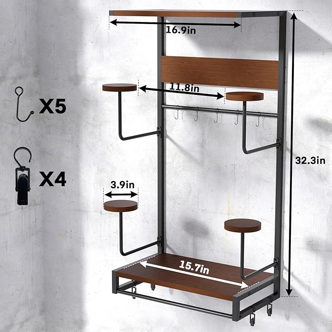 Motorcycle Helmet Holder Wall Mount, Rustic Helmet Rack With 4 Hat Stands and 2 Wooden Shelves, Motor Gear Accessories Storage for Men, 4 Clips, 5 Hooks for Glove Key Jacket Hanging