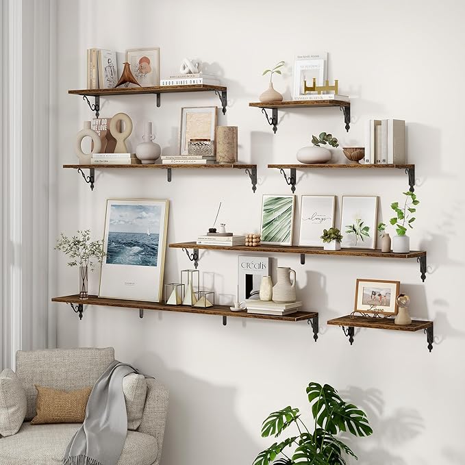 Fun Memories Large Floating Shelves for Wall 48 Inches Long, 8 Inch Deep Shelves with Metal Bracket, 48 Inch Floating Shelves Wall-Mounted, Wide Display & Storage Bookshelves, Rustic Brown, Set of 2