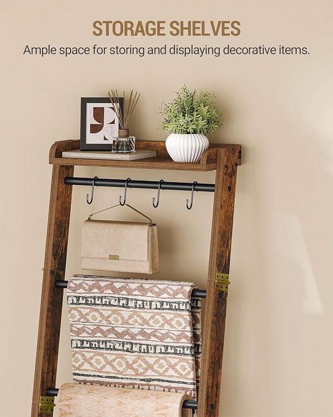 Blanket Ladder Shelf, Decorative Quilt Rack, 7-Tier Farmhouse Ladder Holder Organizer with 4 Removable Hooks, Rustic Brown BR36801B