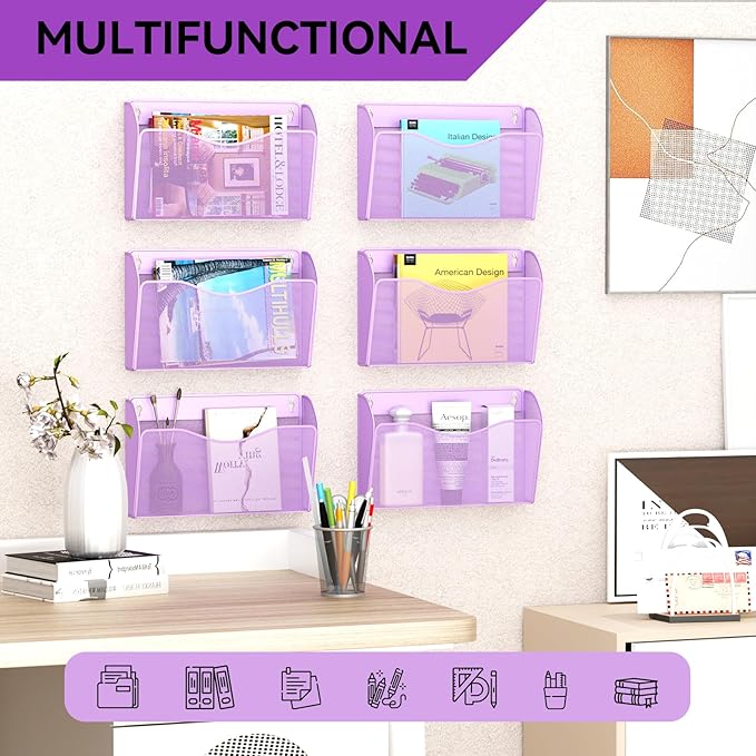 3 Single Pocket Wall File Holder, Mesh Hanging File Folder Paper Organizer, Vertical Wall Mounted Mail Basket, Storage Organization Magazine Rack for Office, Home and School, Light Purple