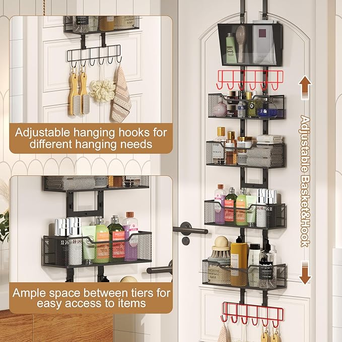 Adjustable Over the Door Pantry Organizer, 5-Tier Metal Pantry Door Organization and Storage, Hanging Door Spice Rack for Home Office Laundry Room Bathroom & Kitchen