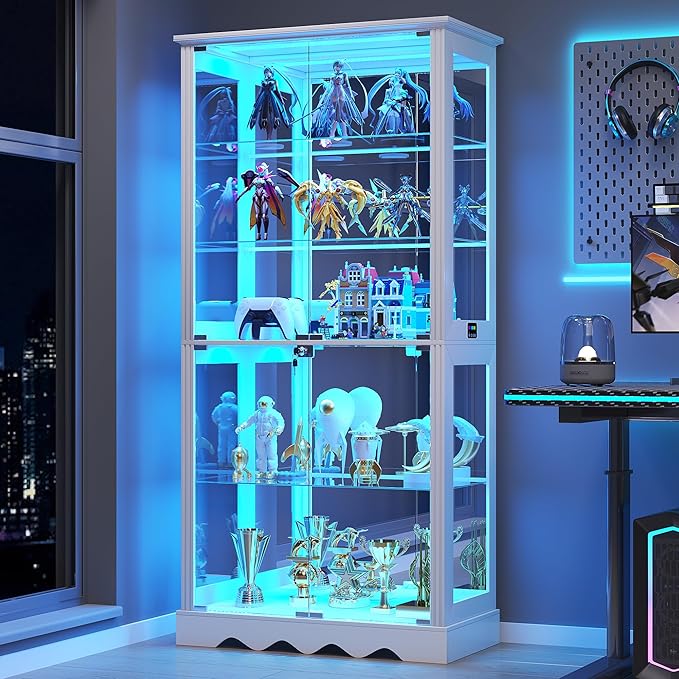 Glass Display Cabinet with RGB Light, 5-Tier Curio Cabinet for Collectibles, Display Case with Removable Shelves, Human Sensor Design, White