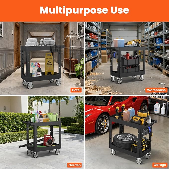 2 Tier Plastic Rolling Utility Cart on Wheels, Heavy Duty Tool Cart with Deep Shelves and 360° Swivel Wheels Holds up to 550 lbs, Service Cart for Garage, Warehouse, Cleaning