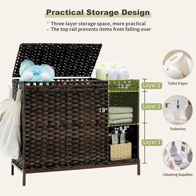 Laundry Hamper with Lid, 130L(34.4 Gal) Rattan Laundry Hamper 3 Section with 50L (13.2 Gal) Storage Shelf, Wicker Woven Laundry Sorter Basket with 4 Liner Bags and Handles, Brown GLH003BR