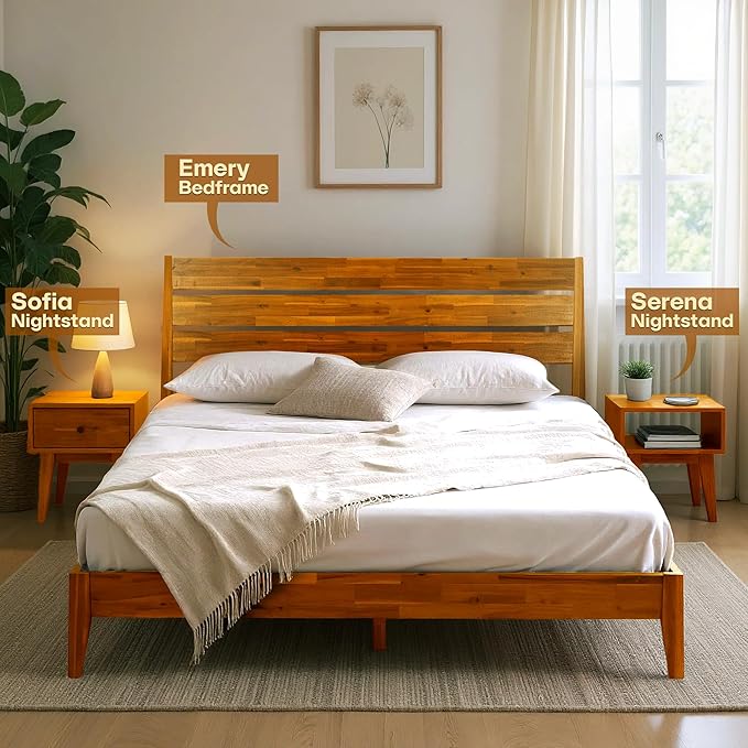 Acacia Serena Nightstand Solid Wood Nightstand with Open Storage Shelf, Wood Bedside Table, Night Stands for Bedroom - Caramel