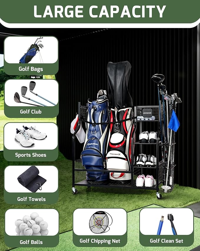Golf Bag Storage Organizer Rack for Garage, 2 Golf Bag Stand with Rolling Wheels, Heavy-Duty Metal Golf Equipment Organizer for Home, Garage, Clubhouse