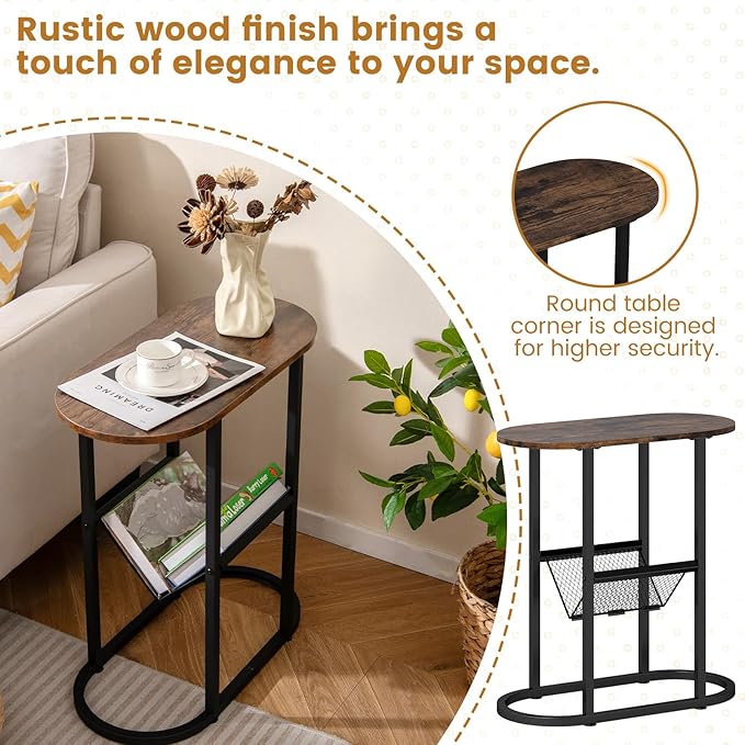 Tangkula Oval Narrow Side Table, 2-Tier End Table w/Mesh Magazine Rack, Steel Frame, Industrial Nightstand, Compact Sofa Bedside Table for Living Room Bedroom, Rustic Brown & Black