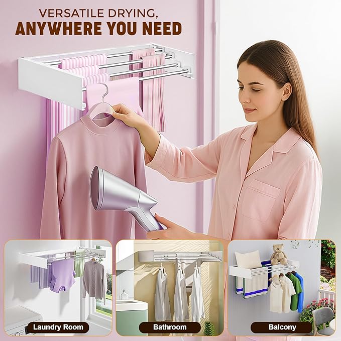 32” Foldable Clothes Drying Rack Wall Mounted - Laundry Drying Rack Collapsible with 4 Steel Poles - Wall Mounted Laundry Room Organization and Storage for Kitchen, Bathroom, Indoor-Outdoor Use