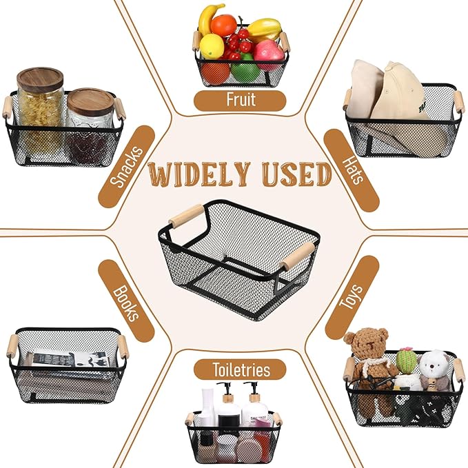 4 Pcs Metal Wire Baskets with Wooden Handles, 9.4x6.9in Wire Storage Basket, Modern Black Rectangular Metal Mesh Basket, for Cabinet Pantry Closet Kitchen Bathroom Office Fridge Fruit Makeup Snacks