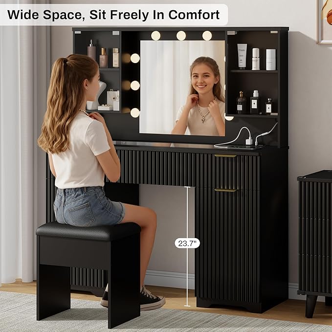 ONME 47.2" Fluted Vanity Desk with Mirror and Lights, Big Vanity with 5 Large Drawers and Adjustable Shelves, Makeup Vanity Table with Glass Top and Charging Station for Women and Girls Bedroom