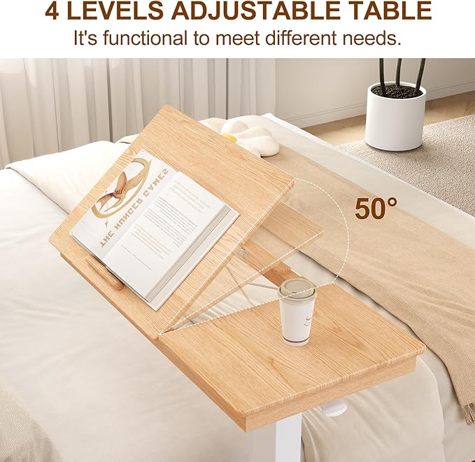 Solid Wood Overbed Bedside Table with Wheels, Adjustable Medical Tilt Top Hospital Bed Table Over The Bed, Rolling Laptop Desk, Mobile Standing Desk for Hospital and Home Use (Natural)