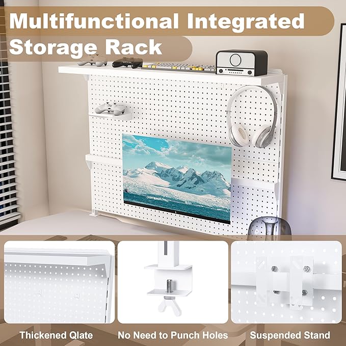 KEIKI Clamp-On Desk Pegboard with Single Monitor Stand, 43" x 35" Steel Peg Board Office Organizer with Hooks, Movable Panel & Shelf for Office Supplies, Gaming Setup & Desk Organization, White