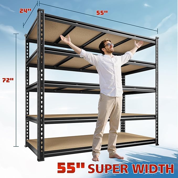 55" W Storage Shelves, 2550LBS Garage Shelving, 5-Tier Metal Shelving Unit, Adjustable Heavy Duty Shelving for Garage, Warehouse, Pantry, Kitchen, 55" W × 24" D × 72" H, Black