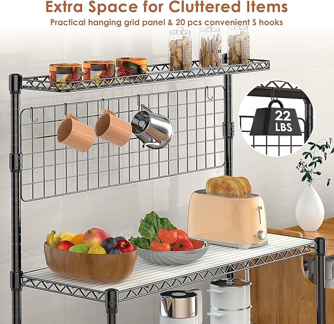 Leteuke Bakers Rack with Storage & Wheels, 42 Inch Microwave Stand Kitchen Shelves, 4-Tier Heavy Duty Storage Rack with 20 S-Hooks, Commercial Metal Utility Kitchen Cart, 42× 18× 63 Inch, Black