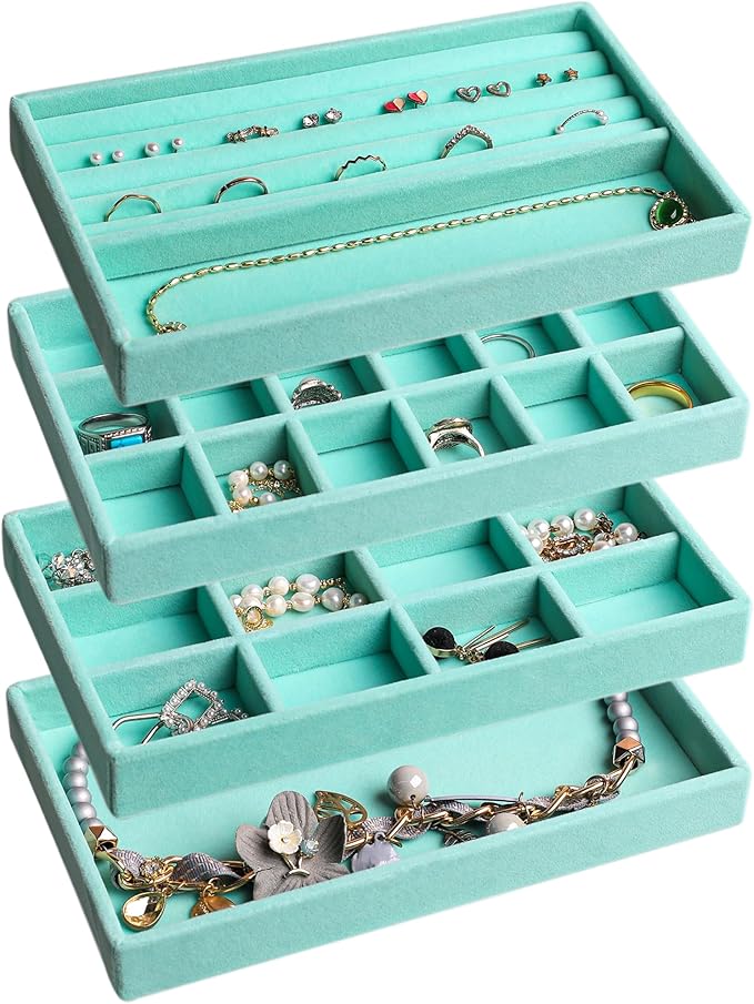 Frebeauty Jewelry Organizer Tray,Stackable Velvet Jewelry Trays,Drawer Inserts Earring Organizer For Women Jewelry Storage Display Case for Rings Stud Necklaces,Set of 4(Turquoise)