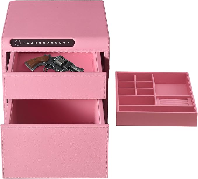 Biometric Fingerprint safe, Slide-Away Handgun Safe for Pistols, Leather Wrapped Jewelry Storage Safe, Drawer Safe for Home,Digital Keypad & Quick-Access Drawer (Pink-2 Drawer)