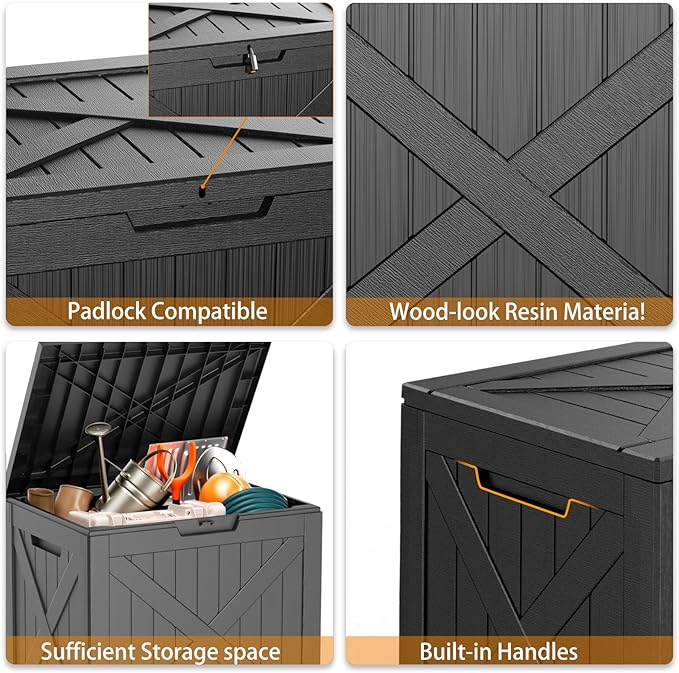 32 Gallon Outdoor Deck Box,Storage Lockable Waterproof Patio Furniture,Garden Tools,Cushions,Pool Accessories Outside Storage Resin Box(Black)