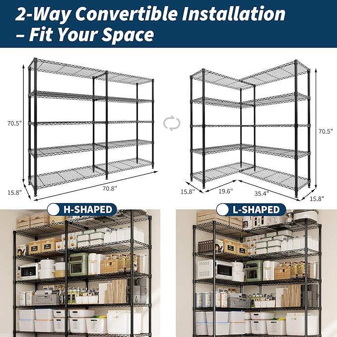 5 Tier Storage Shelving Unit Metal Shelves 70" W Wire Shelving, 70" H L-Shaped Pantry Shelves Kitchen Storage Shelves for Home Commercial Garage Heavy Duty, 70.8" H x 70.4" W x 15.7" D