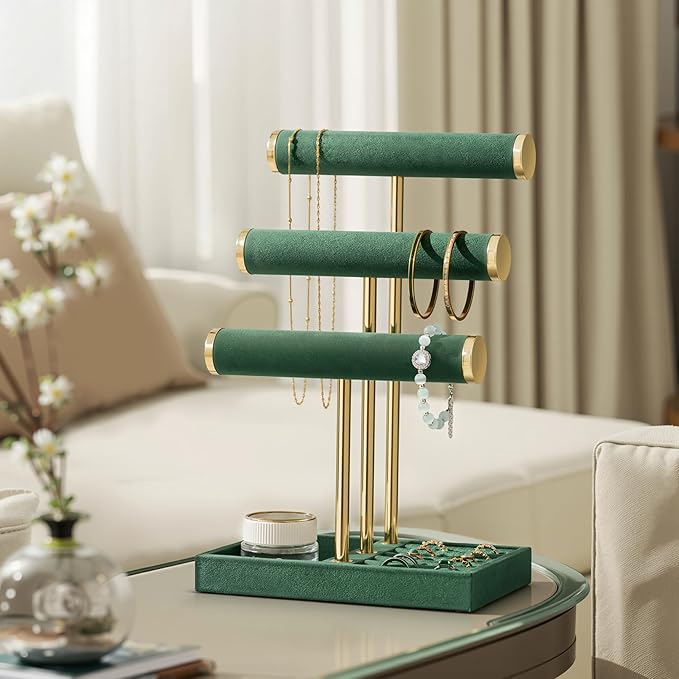 3 Tier Bracelet Holder Display - Detachable T Bar Dark Green Velvet Bracelet Holder, Jewelry Holder Organizer for Bracelet, Necklace, Watches, Rings