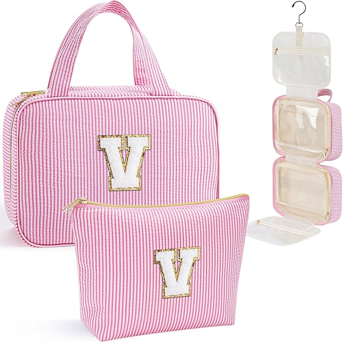 YOOLIFE Travel Toiletry Bag for Women - Hanging Toiletry Bag Makeup Bag, Portable Toiletries Cosmetic Bag, Airplane Travel Essentials - Letter V, Pink