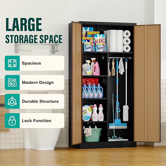 Wide & Deep Metal Storage Cabinet with Hanging Rod,Broom Closet Storage Cabinet with Lock,72" Tall Wardrobe Cabinets with Doors and Shelves,Locking Steel Tool Cabinets for Home,Office,Garage