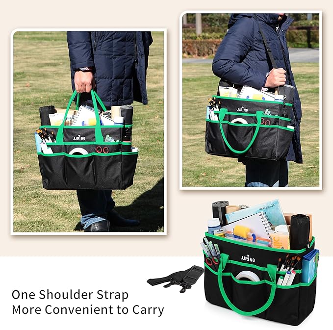 Large Multi-Functional Carrying Bag, 600D Nylon Artist Tote Bag with 16 Pockets Caddy for Art, Craft, Sewing, Make-up or School, Medical, Office Supplies Organizer, Green