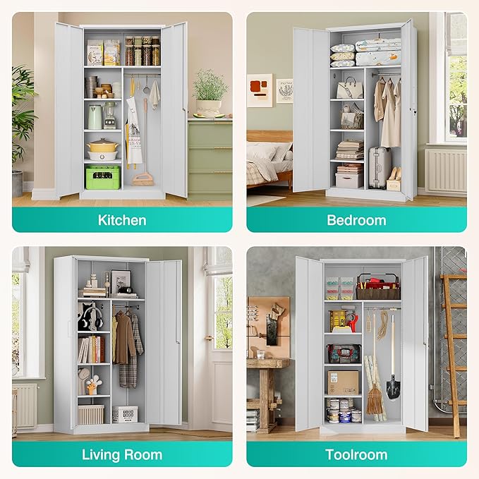 Wide & Deep Metal Storage Cabinet with Hanging Rod,White Broom Closet Storage Cabinet with Lock,72" Tall Wardrobe Cabinets with Doors and Shelves,Locking Steel Tool Cabinets for Home,Office,Garage