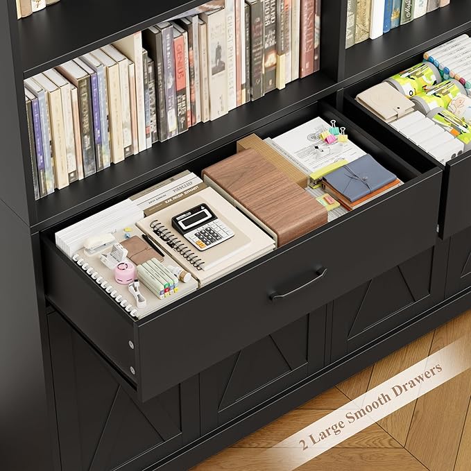 HOSTACK 78" Tall Bookshelf with Doors, Double Wide Bookshelf with Storage Drawers, Large Bookcase with Cabinet and 8 Open Display Shelves, Farmhouse Wood Bookcase Book Shelf for Living Room, Black