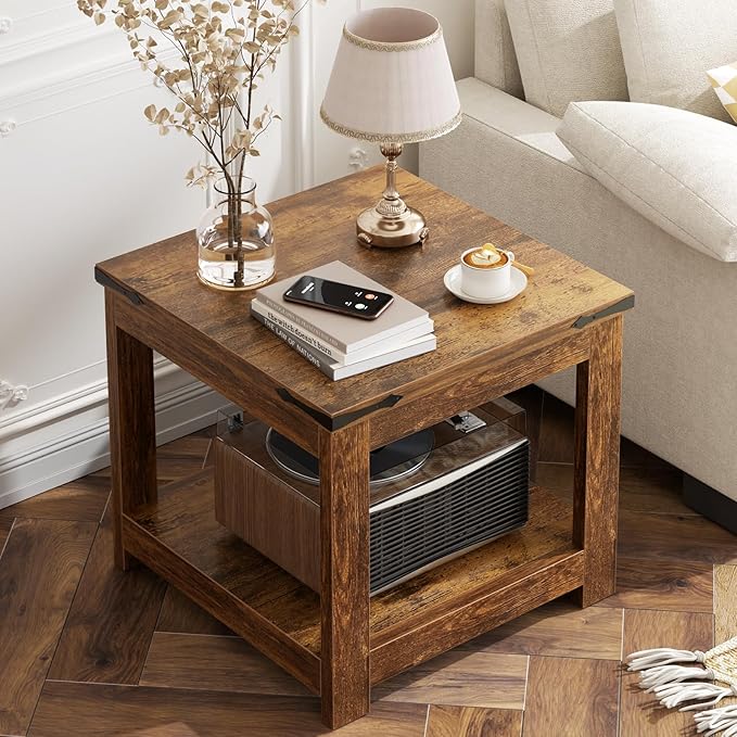 Homieasy End Table, 20 Inch Square End Table, Farmhouse Wood Side Table with Storage Shelf, Industrial Accent Bedside Table for Living Room, Bedroom,Rustic Brown