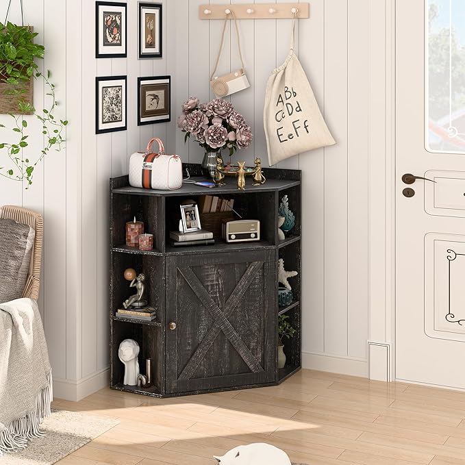 Corner Storage Cabinet, Farmhouse Corner Bookshelf with Storage 6-Cubby Wooden Cabinet with USB Ports and Outlets Industrial Organizer for Small Space, Study, Playroom, Living Room