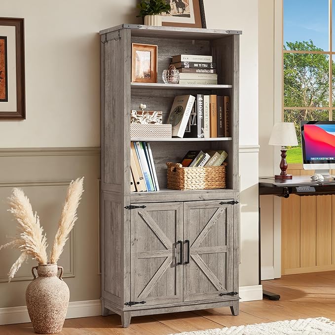 70in Tall Bookshelf 5 Tier Bookcase with Barn Doors and Adjustable Shelves, Grey Farmhouse Book Shelf with Storage Cabinet, Wood Freestanding Display Bookshelves for Bedroom, Kitchen (2 PCS)
