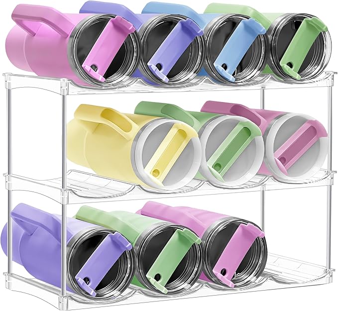 Stackable Water Bottle Organizer & Holder for Cabinet - Clear Acrylic Tumbler Storage Rack for Stanley 40oz Cups, Wine Bottles & Large Tumblers - 3-Tier Pantry and Kitchen Organizer Holds 12 Bottles﻿