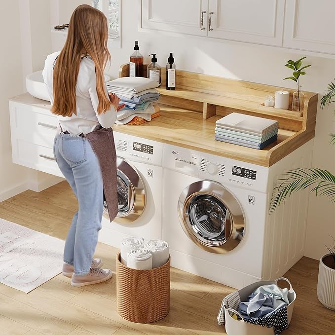 2-Tier Washer Dryer Countertop with 2.75" H Edge Rails, 58" W x 28" D Laundry Countertop for Folding Clothes, Washer and Dryer Topper with Non-Slip Pad (Pure Wood Color)