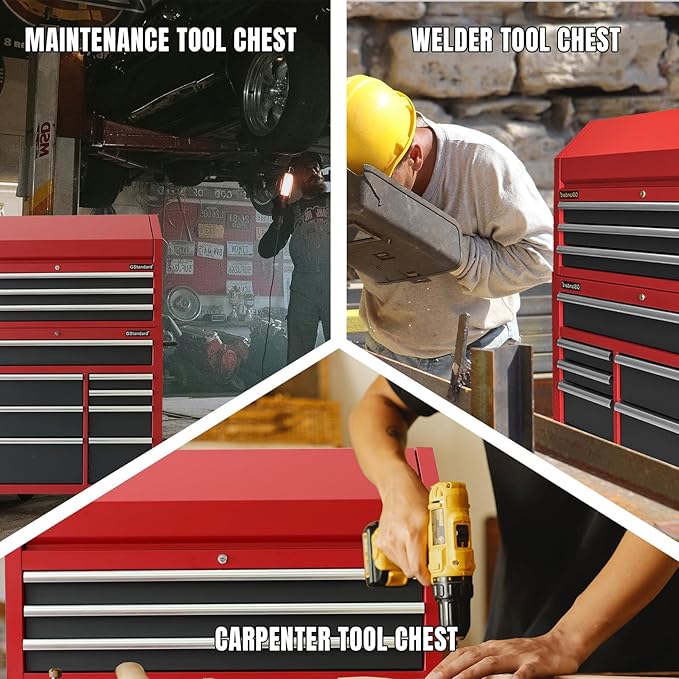 41-Inch Heavy-Duty Rolling Tool Chest Set - GSTANDARD 11-Drawer Steel Storage Cabinet for Garage, Warehouse & Workshop (Black/Red)