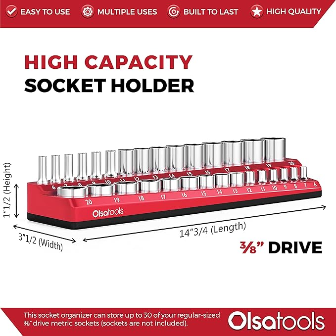 Olsa Tools Magnetic Socket Holder | 3/8-inch Drive | Metric | Red | Holds 30 Sockets | Professional Quality Tools Organizer