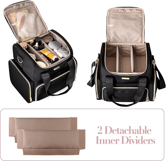 Large Cosmetic Bag with 3 Removable Case, Double Layer Travel Organizer with Inner Dividers and Makeup Brushes Storage Section, Black (Patented Design)