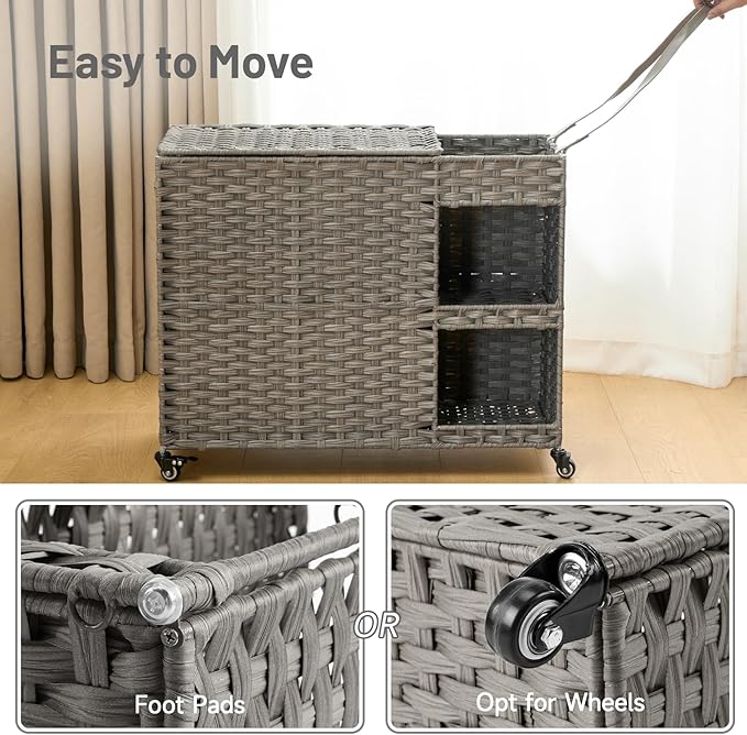 Laundry Hamper with Wheels, 42.3 Gal.(160 L) Laundry Sorter with Shelves, Rattan Clothes Hamper with 4 Removable Liners & 3 Mesh Bags, Handwoven Organizer for bedroom, bathroom, laundry room, Grey