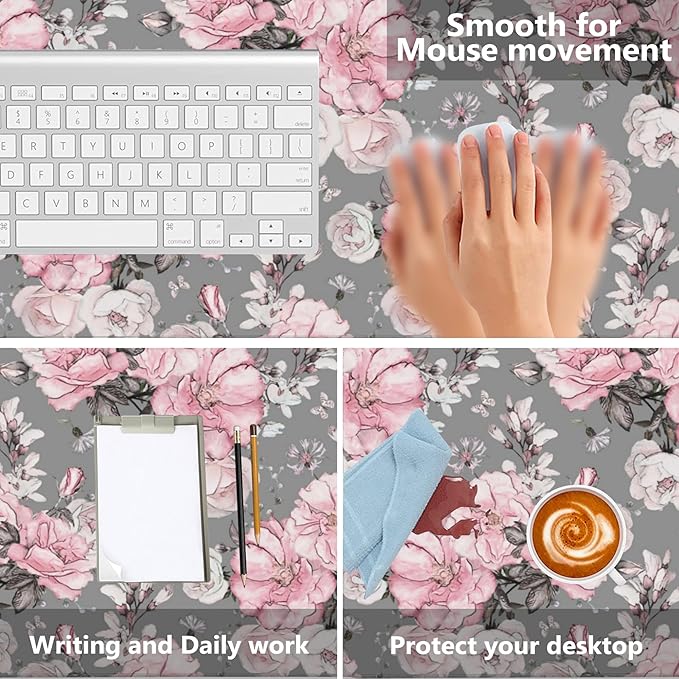 Desk Mat,Flower Rose Gaming Mouse Pad,XXL Extended Mouse Pad Mat for Office,Computer,Keyboard with Non-Slip Base Stitched Eges Mousepad 35.4x15.75 inch