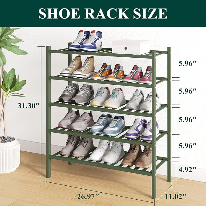 Smiry Bamboo Shoe Rack for Closet, 5 Tier Wooden Stackable Shoe Organizer, Free Standing Shoes Storage Shelf for Entryway, Front Door Entrance, Green