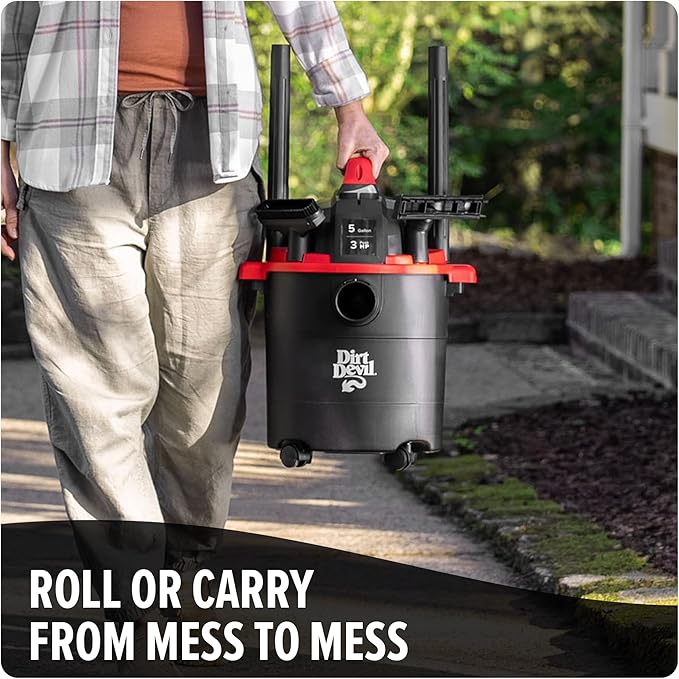 Dirt Devil 5 Gallon Corded Wet Dry Shop Vacuum, Portable, Heavy Duty Vacuum for Garage, Home, Workshop or Vehicle, Compact Design with Versatile Tools, Wet/Dry Shop Vac