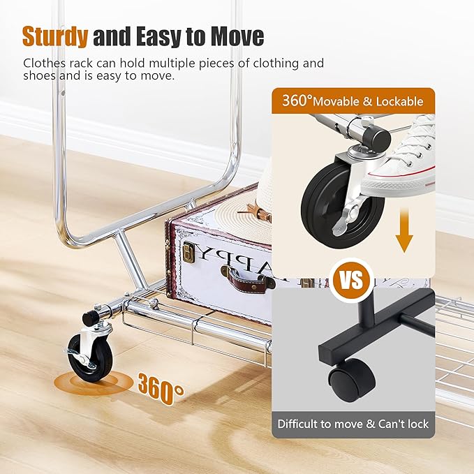 Heavy Duty Clothes Rack Load 620 Lbs, Double Rod Rolling Clothing Rack With Sturdy Wheel And Shelves，Adjustable Portable Hanging Rack For Clothes,Silver Stainless Steel