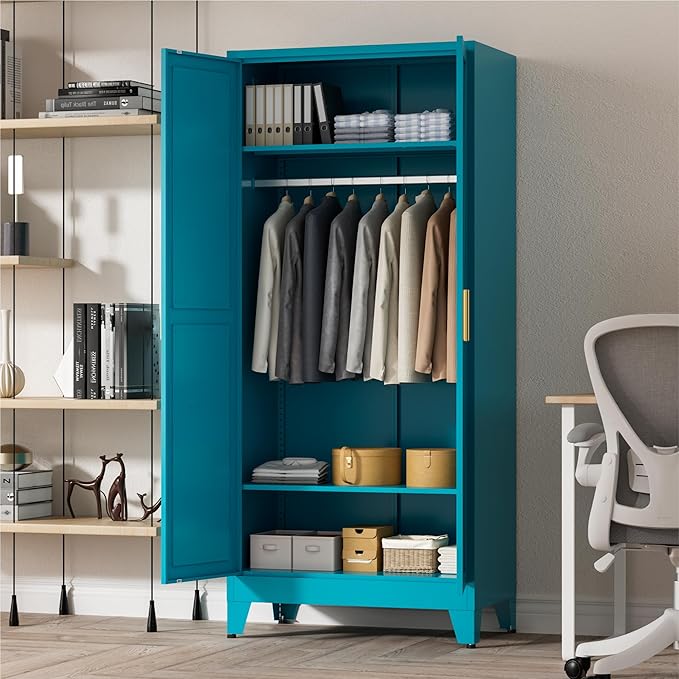 71" Tall Metal Wardrobe Closet with Adjustable Shelves and Hanging Rod, 2 Doors Free Standing Armoire Wardrobe Cabinet for Bedroom, Office, Laundry Room, Blue