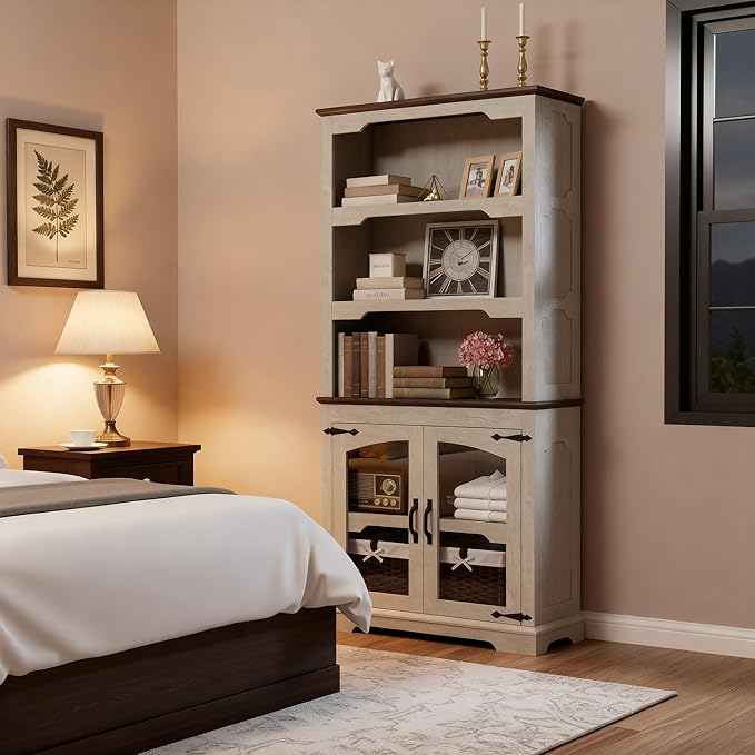 70 Inch Farmhouse Bookcase, Distressed White and Walnut Two-Tone Shelves, 5 Tier Bookshelf with Arched Trim Glass Doors, Living Room Storage Cabinet Unit, 31.5x11.8 Inches (White&Walnut, Glass Doors)