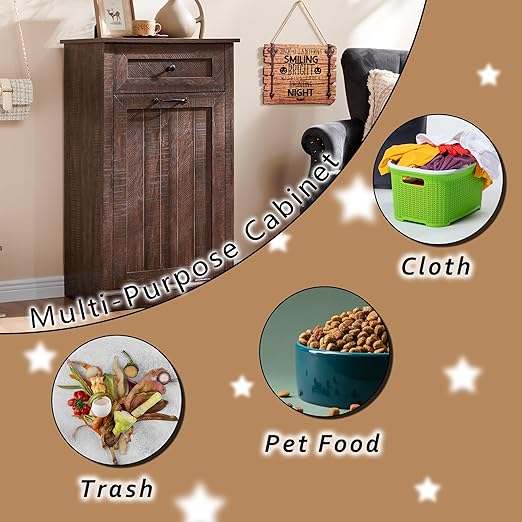 Tilt Out Trash Can Cabinet, 10 Gallon Farmhouse Laundry Hamper Cabinet with Drawer, Hidden Wooden Trash Garbage Can Bin with Storage Basket for Kitchen, Living Room (Brown)
