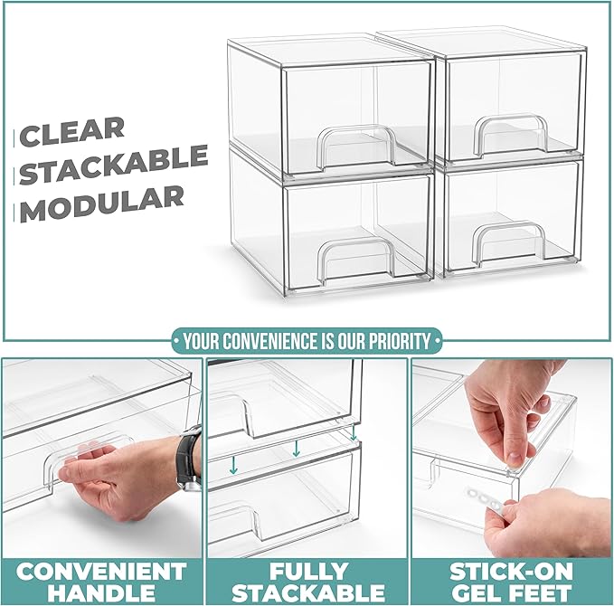 Sorbus Acrylic Storage Containers - 4 Pack, Stackable Storage Bins Set for Bathroom Organization - Clear Acrylic Drawer Organizers - Makeup Case Pull-Out Drawers (4.4’’ Tall)