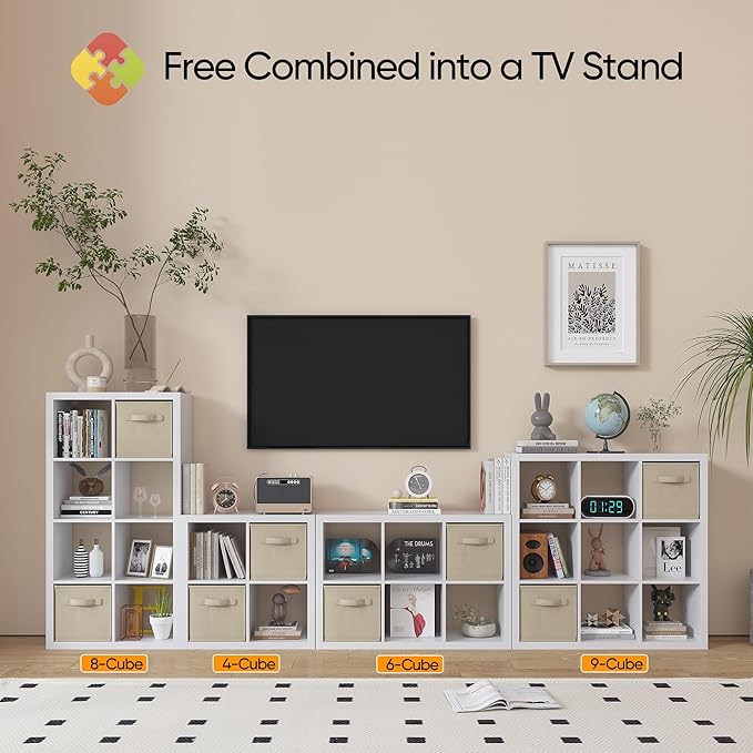 Bookshelf with Storage Bin, 6-Cube Storage Organizer, Modern Wood Open Bookcase, Multifunctional Display Cubicle Shelf for Living Room, Bedroom, Home Office, White