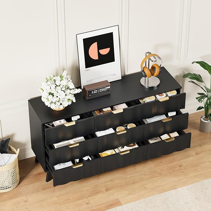 9 Drawer Dresser, Modern Fluted Storage Dresser with Deep Drawers and Metal Handles, Wood Chest of Drawers Storage Organizer for Bedroom, Living Room, Hallway (Black)