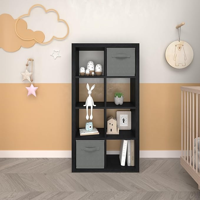Bookshelf Cube Storage Organizer, 8-Cube Shelf Bookcase with Storage Bin, Modern Wood Open Shelf for Living Room, Bedroom, Home Office,Black